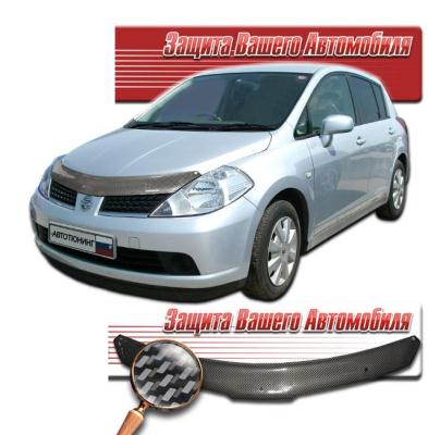 Дефлектор капота Шелкография "карбон" серебро Nissan Tiida 2004.