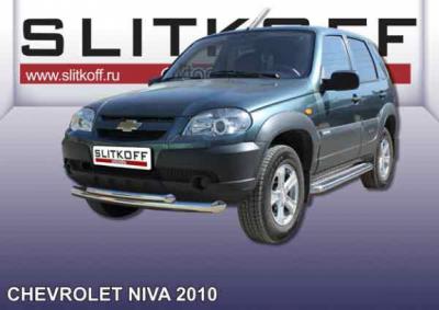 Защита переднего бампера d76+d57 двойная Chevrolet Niva 2010.