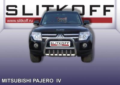 Кенгурятник d57 низкий c защитой картера Mitsubishi Pajero.