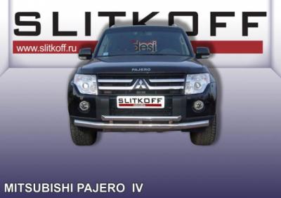 Защита переднего бампера d76+d57 двойная Mitsubishi Pajero.